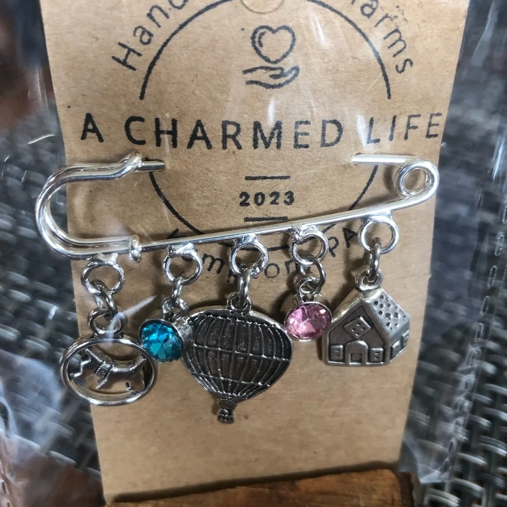 Toto, Balloon & Dorothy’s House =? Silver 2” Pin with Silver Charms